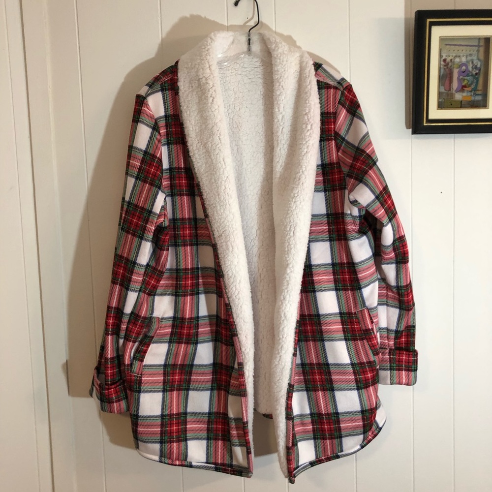 Disney Plaid Minnie Mouse Christmas Fleece Sherpa Cardigan XL